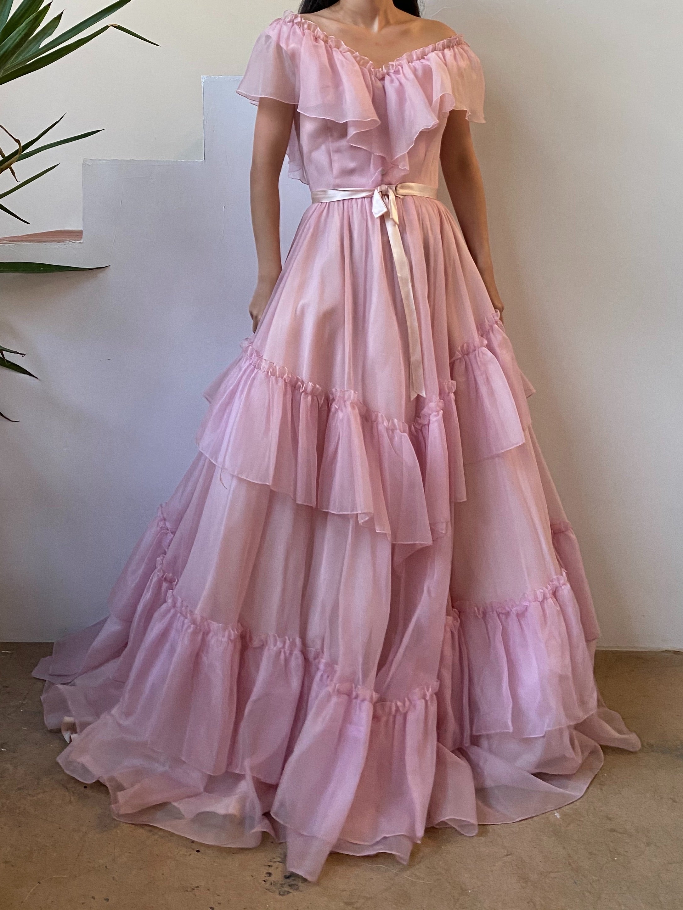 Vintage Pink Voile Chiffon Ruffle Dress ...